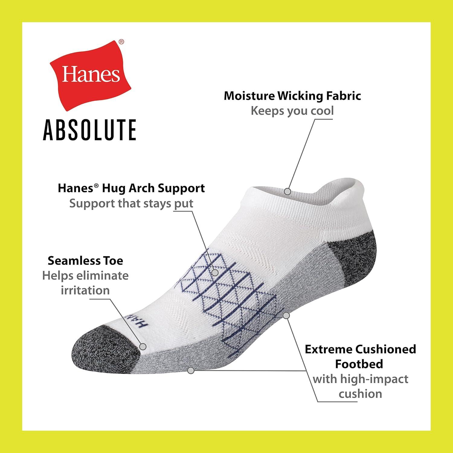imageHanes Mens Absolute Active Cushioned Heel Shield Moisture Wicking Socks 4PackWhite With Gray Foot Bottom
