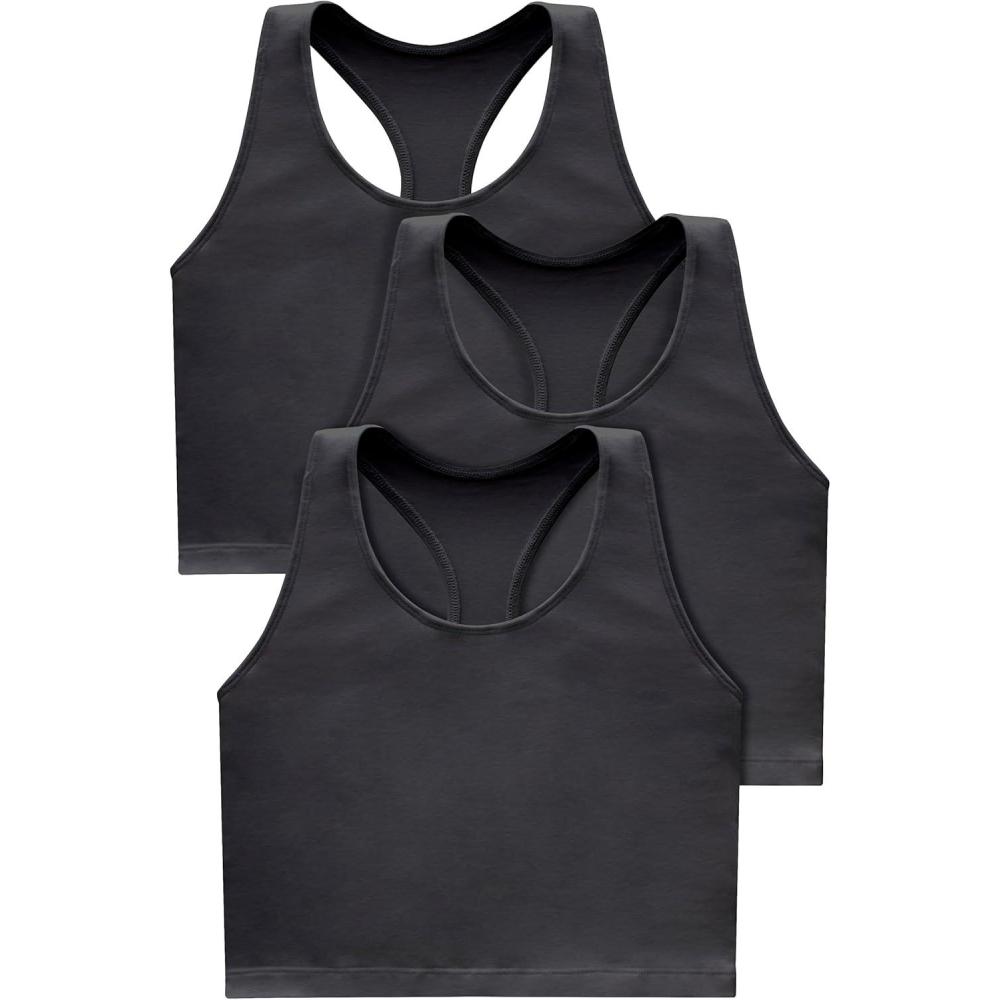imageHanes Light Workout 3Pack StretchCotton Cropped Yoga Tank Tops for Women with Builtin BraBlackBlackBlack