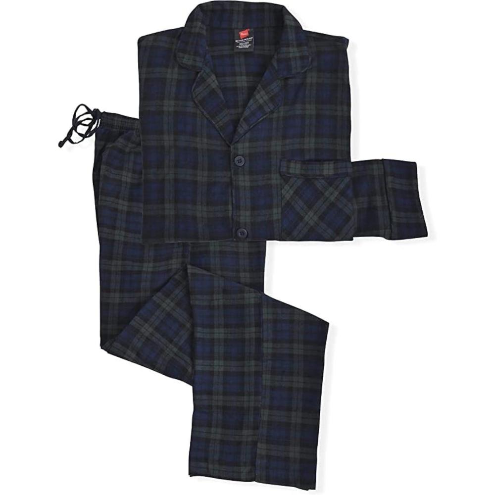 imageHanes Mens 100 Cotton Flannel Plaid Pajama Top and Pant Set Long Sleeve Button DownBlackwatch Plaid