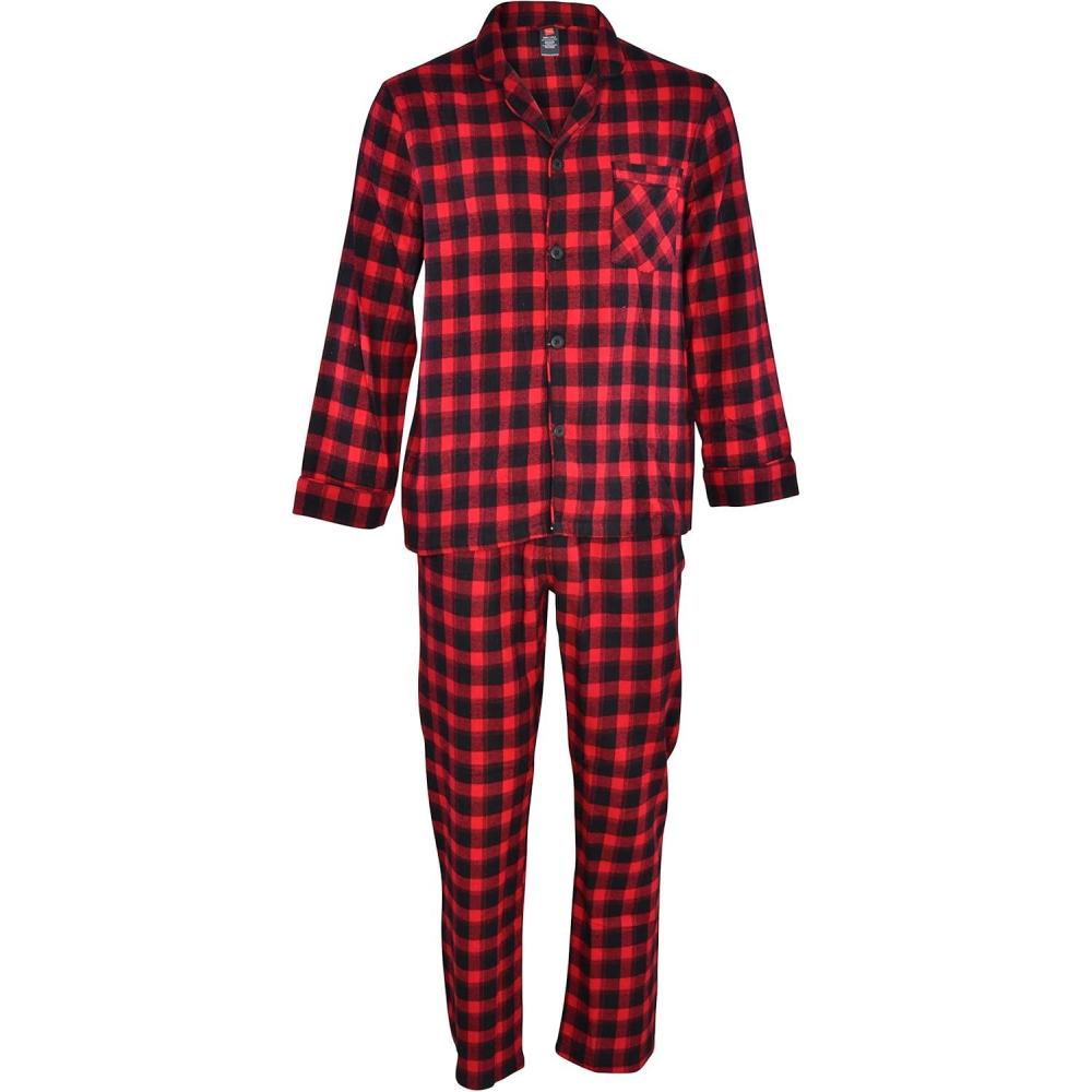 imageHanes Mens 100 Cotton Flannel Plaid Pajama Top and Pant Set Long Sleeve Button DownRed