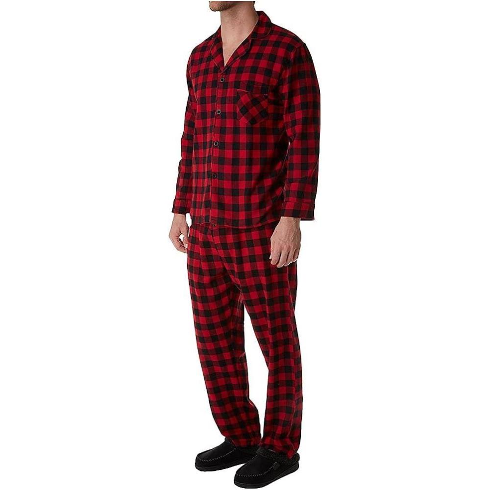 imageHanes Mens 100 Cotton Flannel Plaid Pajama Top and Pant Set Long Sleeve Button DownRed Plaid
