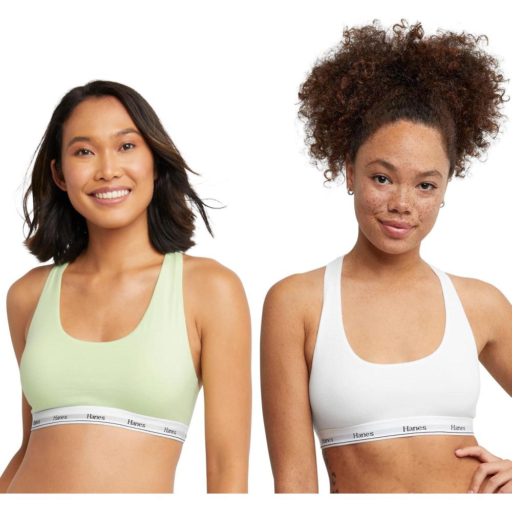imageHanes Womens Originals Racerback Bralette Pack Breathable Stretch Cotton Bras 2PackWhiteRefreshing Green