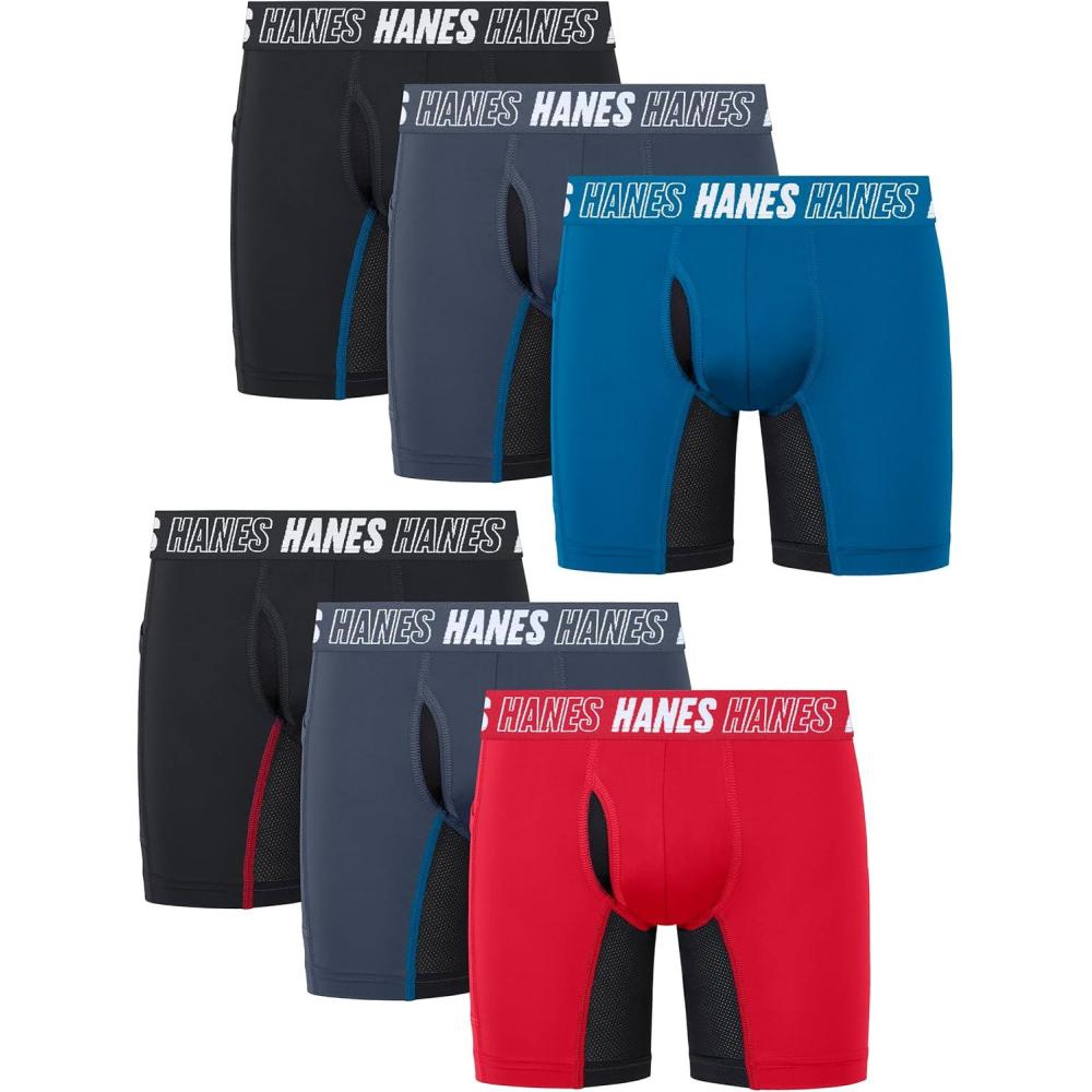 imageHanes boys Moves Underwear Antichafe Boxer Briefs for Boys 6packBlackBlueRed Long Leg
