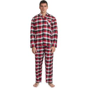 Hanes Men’s 100% Cotton Flannel Plaid Pajama Top and Pant Set, Long Sleeve Button Down(Red Buffalo)