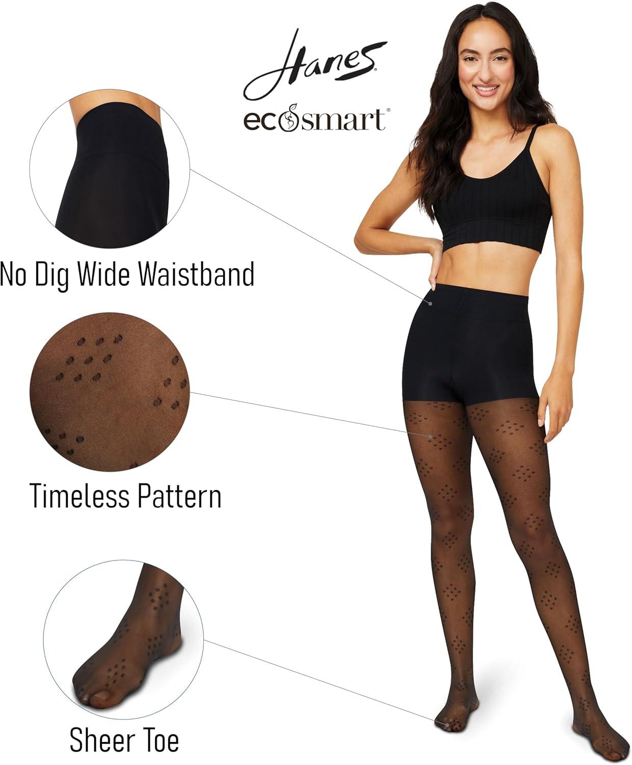 imageHanes EcoSmart Womens Sheer Fashion Diamond Dot Control Top Sheer Toe TightsBlack