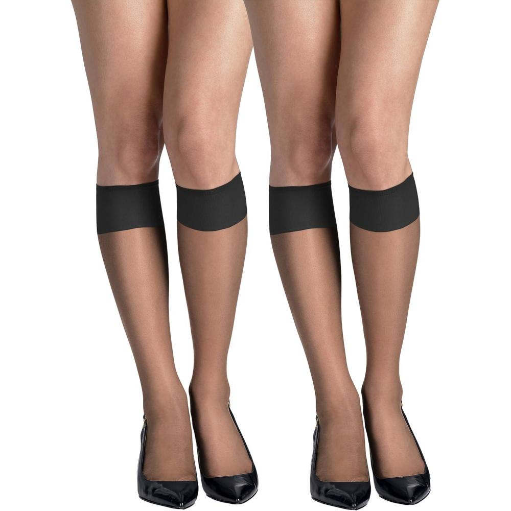 imageHanes Silk Reflections Womens Silky Sheer KneeHigh Reinforced StockingsBarely Black