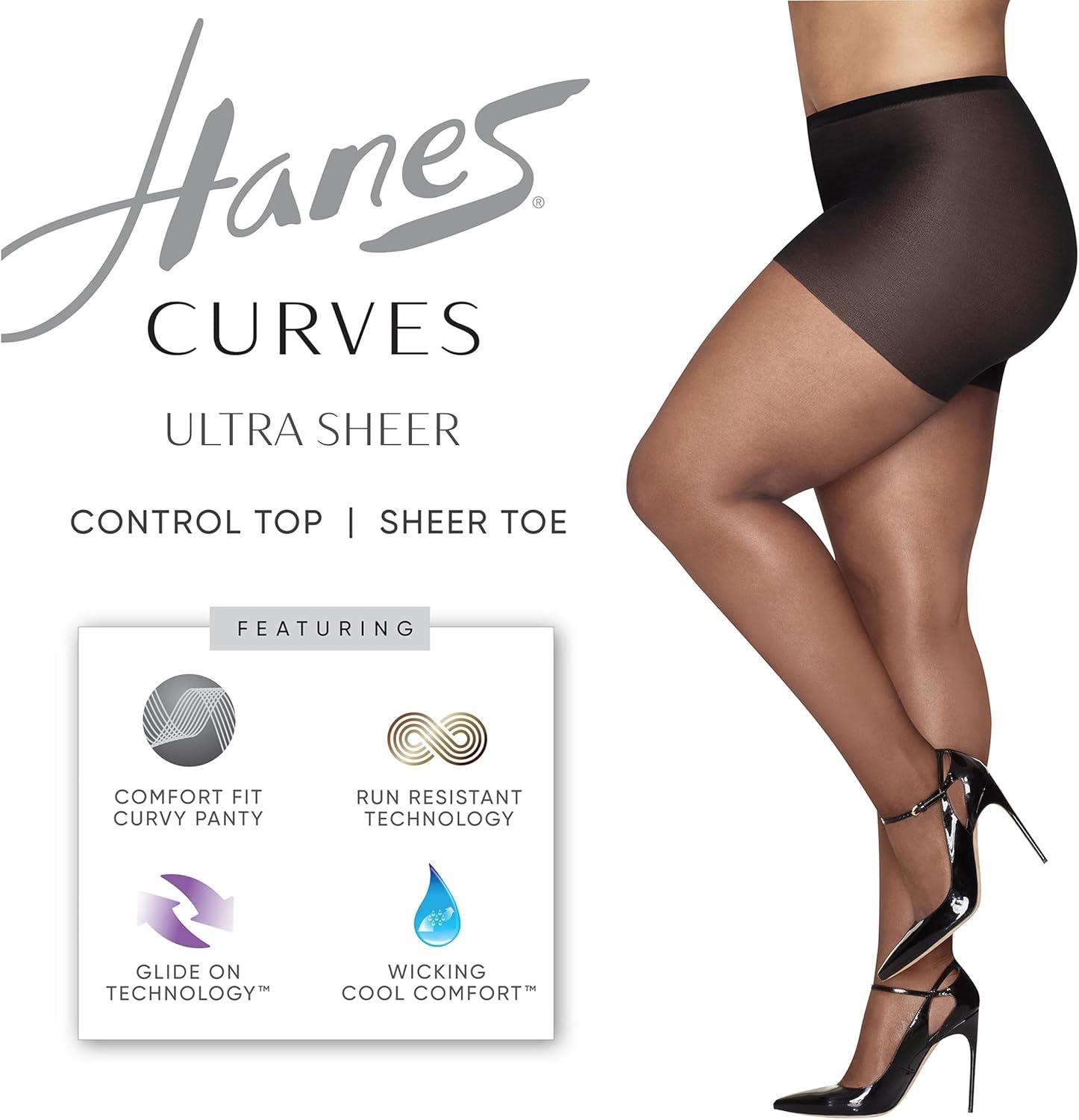 imageHanes Curves Womens Pantyhose with Run Resist and XTemp Technology Ultra Sheer Control Top Sheer Toe Plus SizeBlack