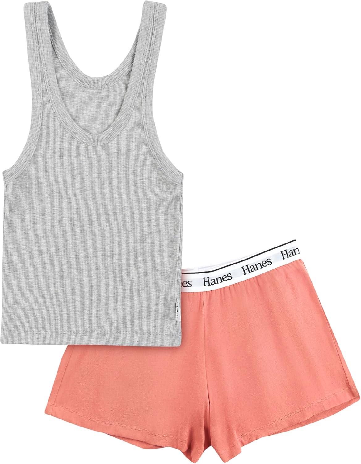 imageHanes Womens Originals Comfywear Rib Crop Tank and Sleep Shorts 2Piece SetToasted OrangeHeather Grey