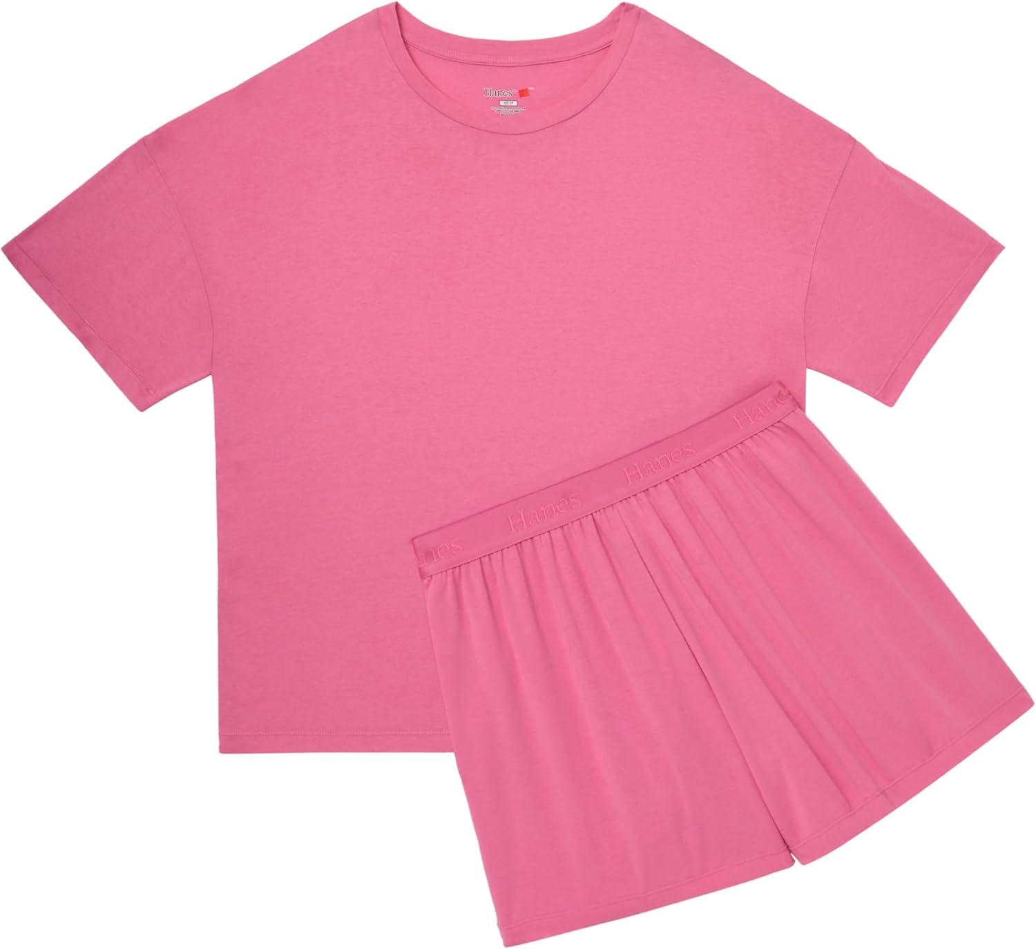 imageHanes womens Originals 2 Piece Lounge Set Comfywear Supersoft Boxy Tshirt amp Sleep Shorts Loungewear SetParrot PinkParrot Pink
