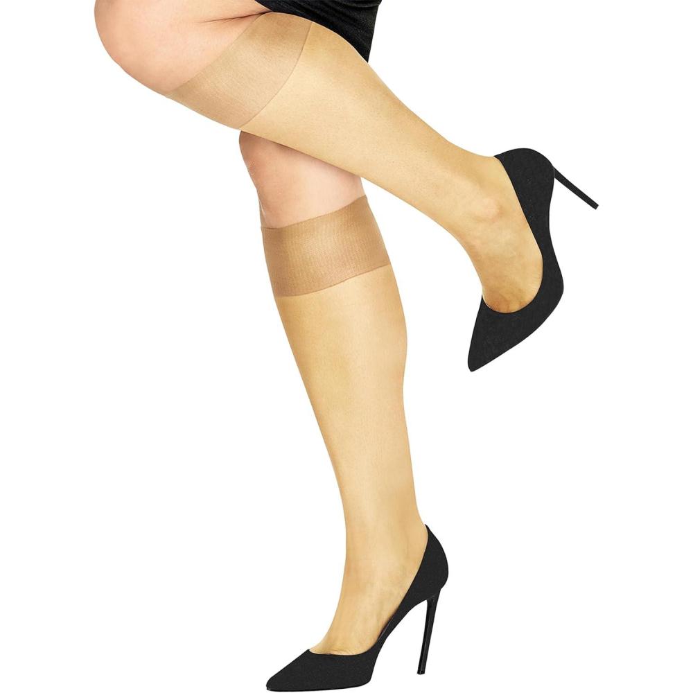 imageHanes Silk Reflections Womens Silky Sheer Knee Highs Plus Size Enhanced Toe KneeHigh StockingsTravel Buff