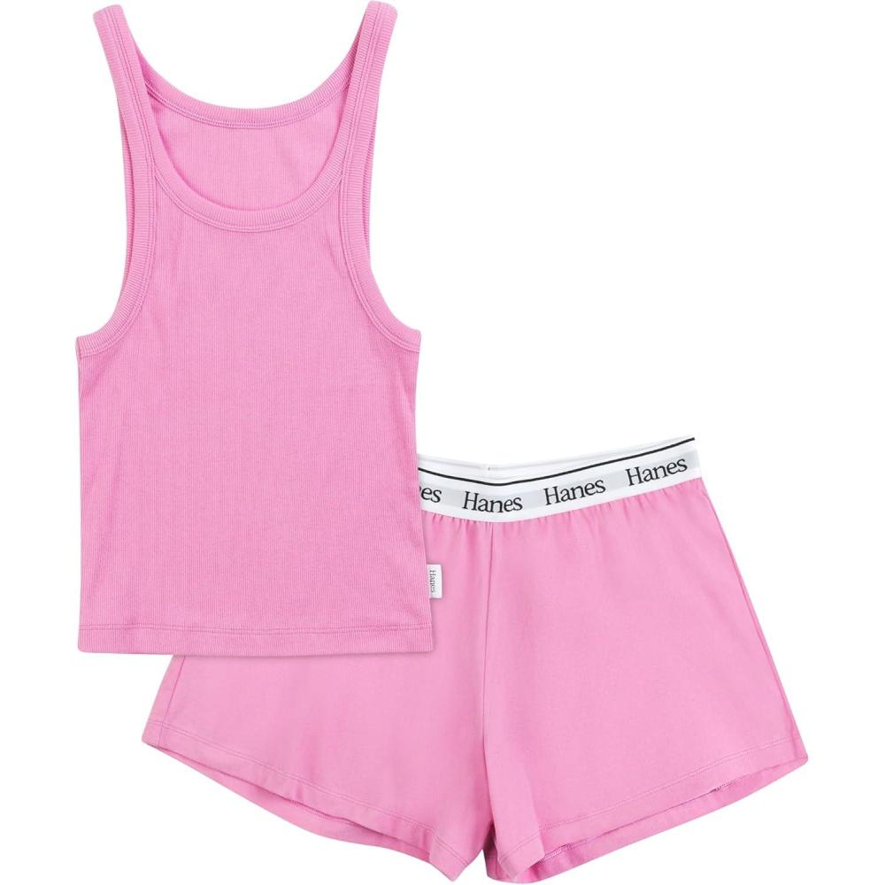 imageHanes Womens Originals Comfywear Rib Crop Tank and Sleep Shorts 2Piece SetStrawberry PinkStrawberry Pink