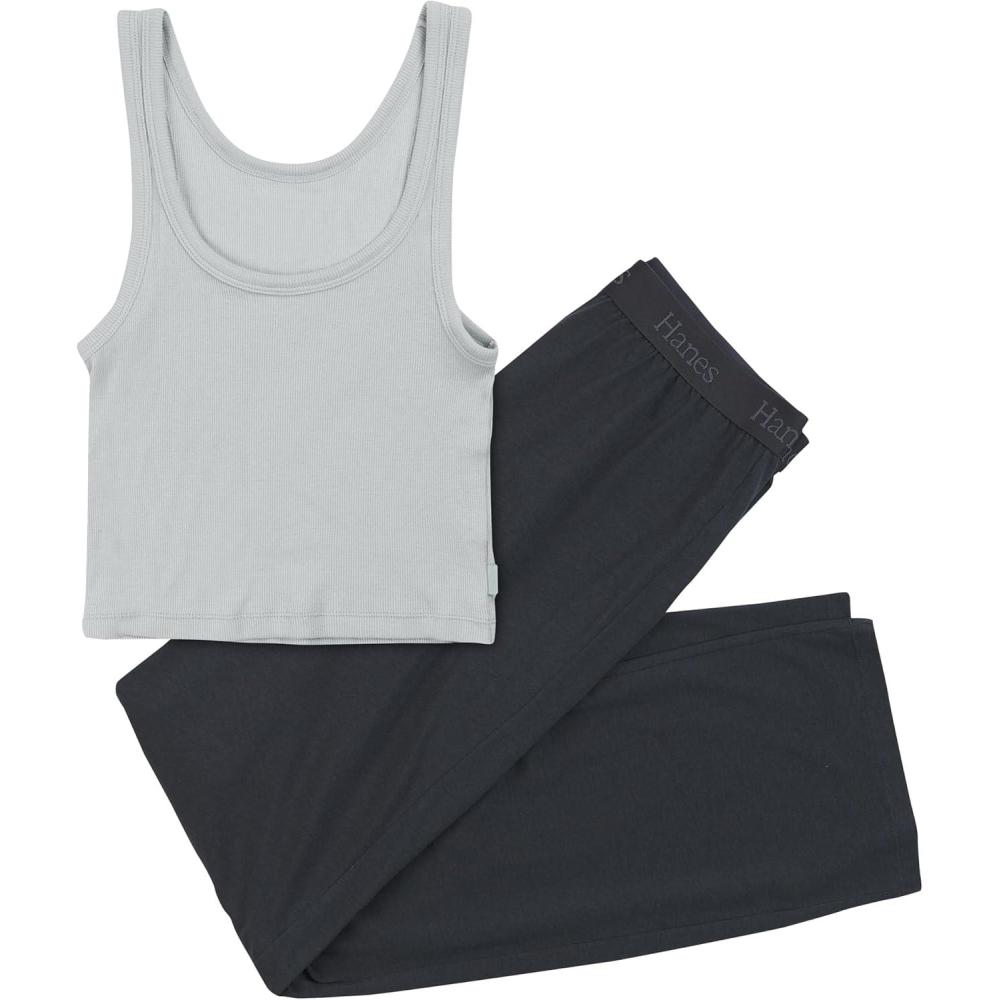 imageHanes Womens Originals SuperSoft Comfywear 2 Piece Crop Tank amp Lounge Pants Loungewear SetSoft CeladonAsphalt