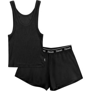 Hanes Women’s Originals Comfywear Rib Crop Tank and Sleep Shorts, 2-Piece Set(Black/Black)
