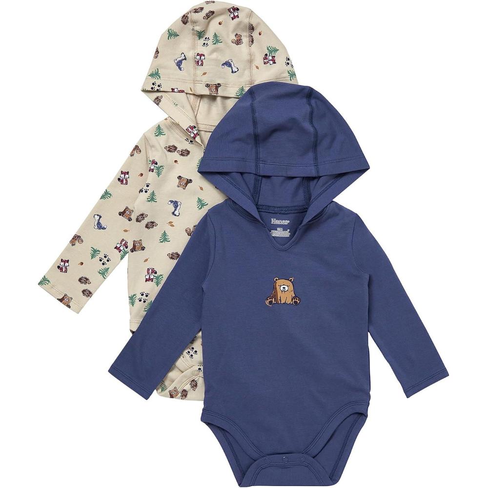 imageHanes babygirls Pure Comfort Long Sleeve Hoodie Bodysuits Infant Bodysuits Unisex 3packBeigeBlue
