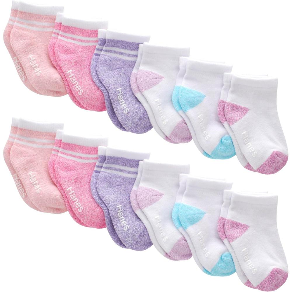 imageHanes unisexbaby And Toddler Socks Nonslip Grip Ankle Socks Boys and Girls MultipacksWhitePinkHeather PinkPurple  12 Pack