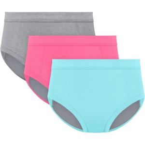 Hanes girls Absorbency Briefs Underwear, 3 Pairs, Confident Nights Cotton Overnight Underwear for Girls(Grey/Aqua/Pink)