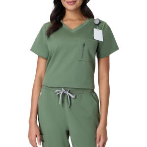 Hanes Womens Scrub Top, Comfort Fit 1-Pocket Healthcare Top for Women, Moisture-Wicking Medical Scrubs(Green Moss)