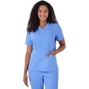 Hanes Women’s Scrubs Healthcare Top, Moisture-Wicking Stretch Scrub Shirts, Ribbed Back Panel(Ceil Blue 2)