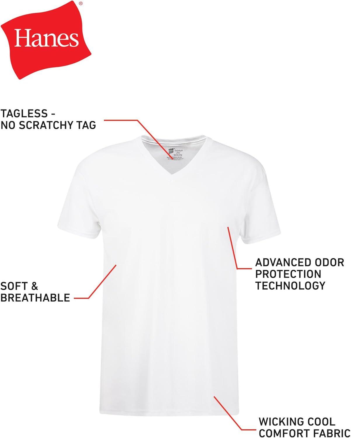 imageHanes Mens Undershirts TShirt Pack VNeck Cotton Tees for Men MoistureWicking Odor Control White MultiPackWhite  6 Pack