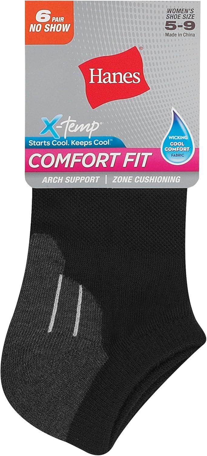 imageHanes Womens 6Pair Comfort Fit No Show SocksSolid Black With Colored Stripes