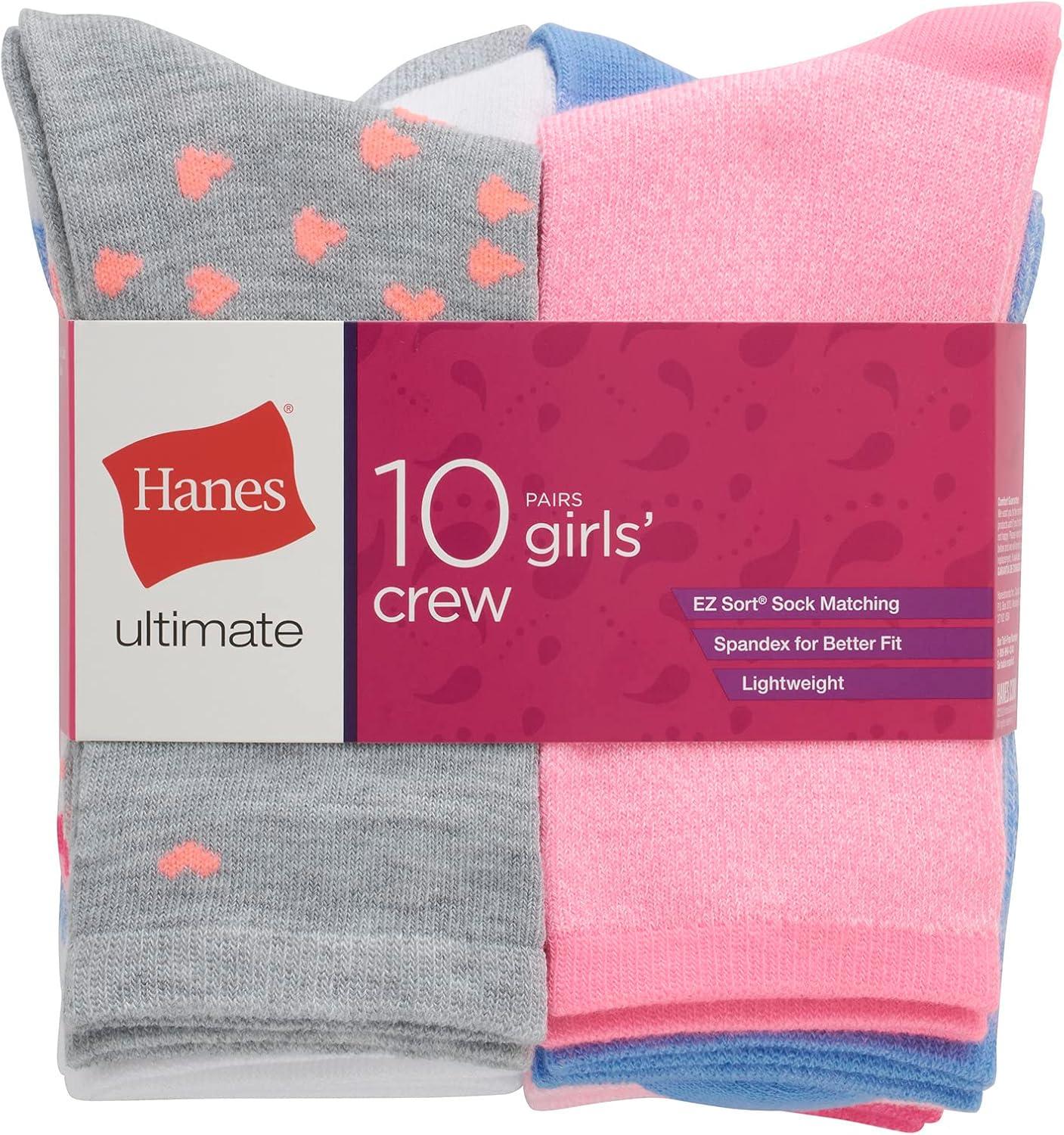 imageHanes girls Ultimate Fashion Crew Socks Pack Lightweight Stretch Crew Socks Assorted 10pair Pack SmallPinkGreyBlueLavender