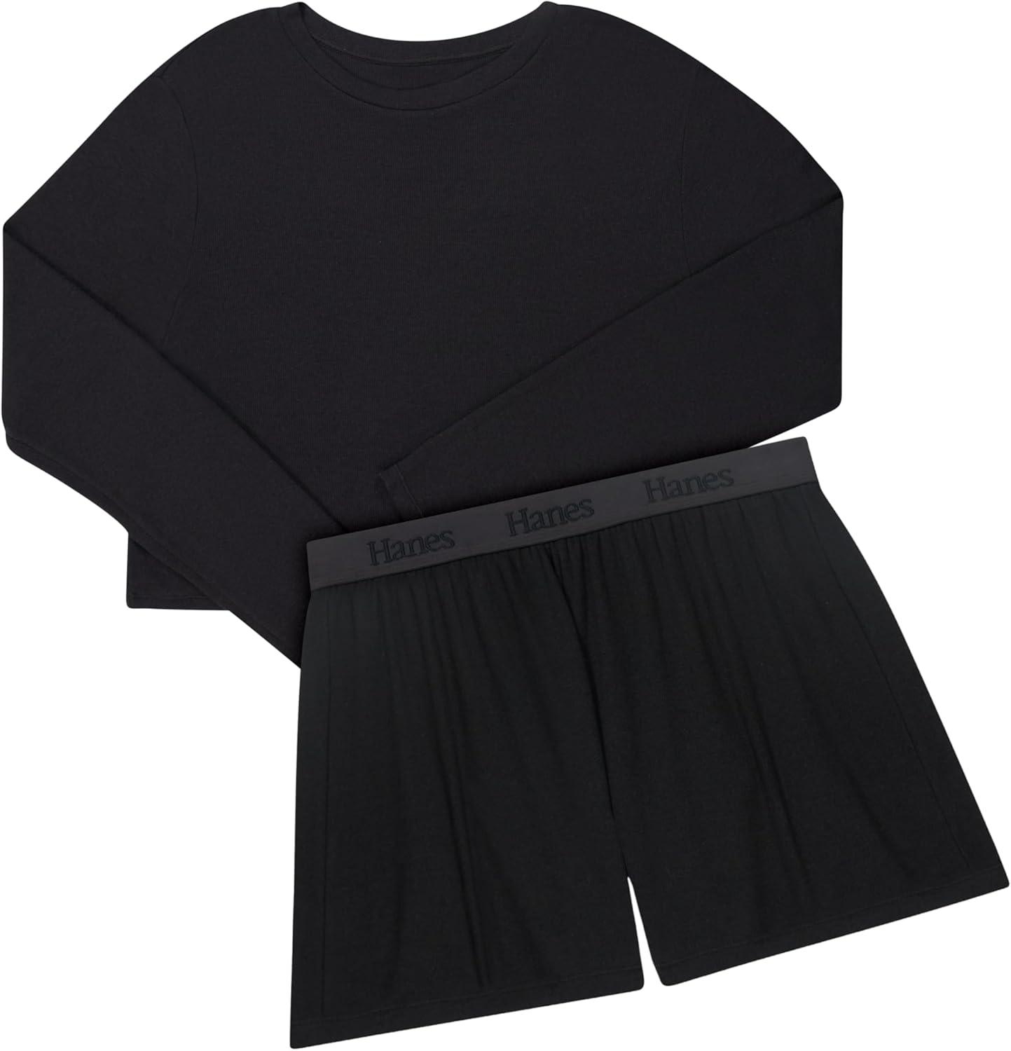 imageHanes womens Sleepwear Set Originals Supersoft Comfywear Longsleeve Top amp Sleep Shorts Loungewear Set for WomenBlackBlack