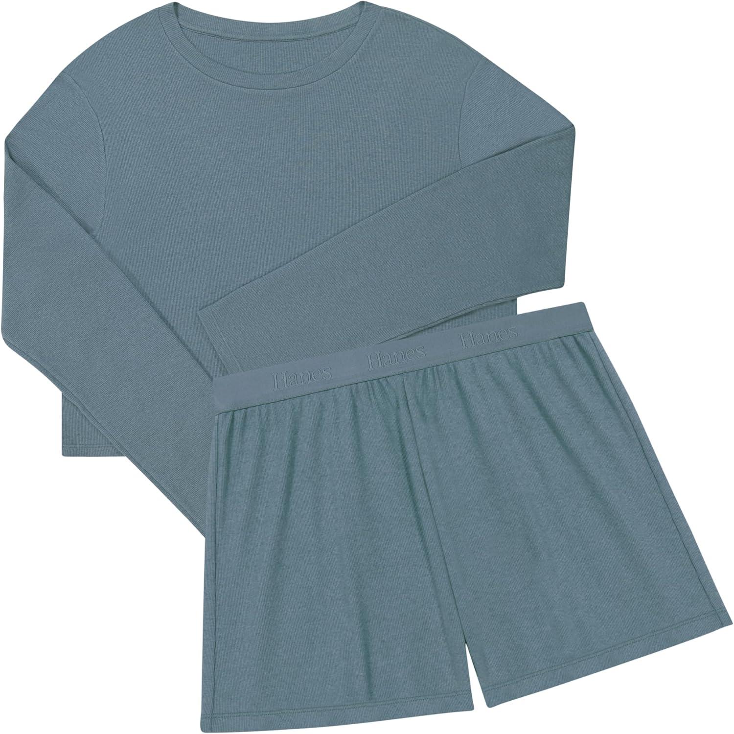 imageHanes womens Sleepwear Set Originals Supersoft Comfywear Longsleeve Top amp Sleep Shorts Loungewear Set for WomenStargazer GreyStargazer Grey