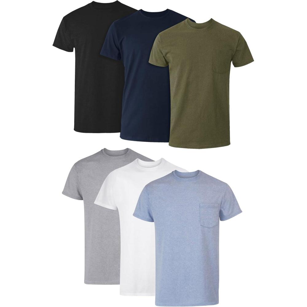 imageHanes Mens Pocket TShirt Pack 6Pack Cool amp Breathable Cotton Tees StayTucked Undershirts for MenGrey Heather  Black  White  Navy  Blue Heather