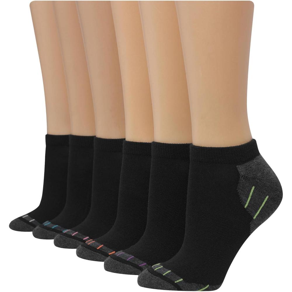 imageHanes Womens 6Pair Comfort Fit No Show SocksSolid Black With Colored Stripes