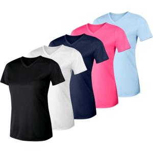 Hanes Womens Cool Dri Performance V-Neck T-Shirt, Moisture-Wicking Short Sleeve Tee, 40+ UPF Protection, 1 Or 5 Pack(Blk/Wht/Nvy/Pnk/Bl – 5 Pack)