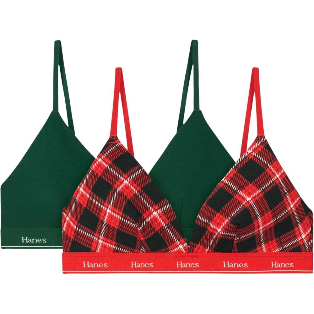 imageHanes Womens Triangle Bralette Pack 2Pack Originals Breathable Stretch Cotton Bras for Women Wireless BraTwill Plaid PrintGrasslands Green