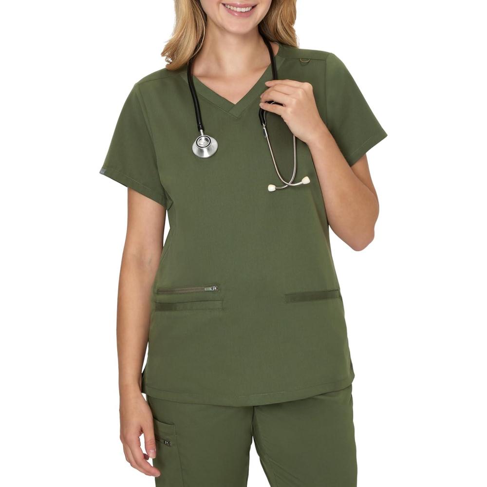 imageHanes Womens Hanes Womens Premium Scrubs Top with Pockets Comfort Fit Scrubs for Women Nurse EssentialsGreen Moss