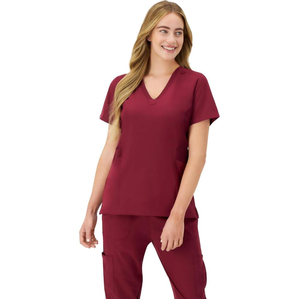 imageHanes Womens Scrubs Healthcare Top MoistureWicking Stretch Scrub Shirts Ribbed Side PanelsAfternoon Burgundy