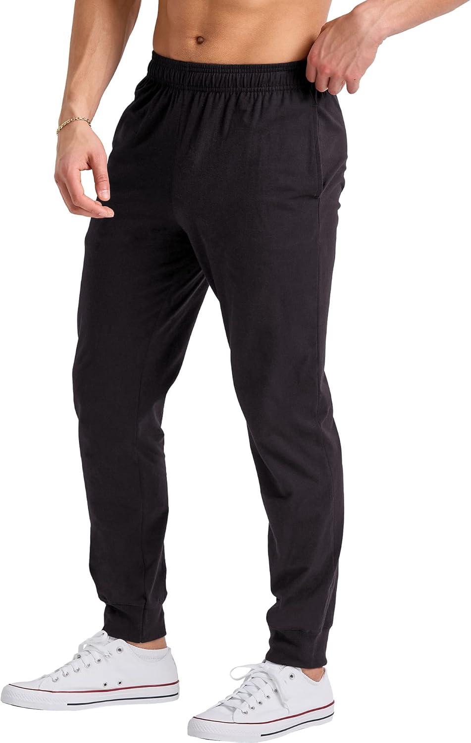 imageHanes Mens Cotton Jersey Jogger Knit Sweatpants with Pockets Jogger Cinched Cuff and Straight LegBlack