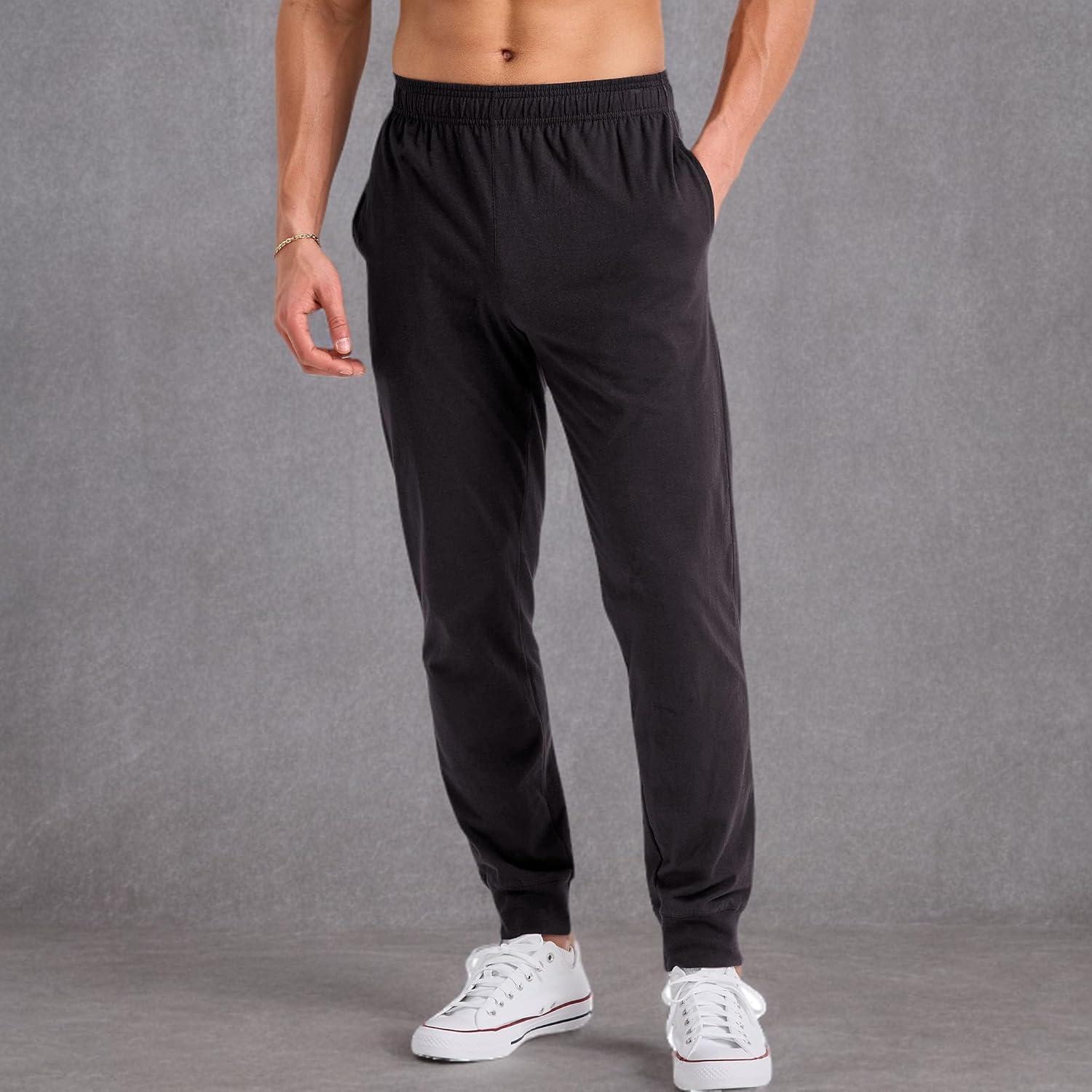 imageHanes Mens Cotton Jersey Jogger Knit Sweatpants with Pockets Jogger Cinched Cuff and Straight LegBlack