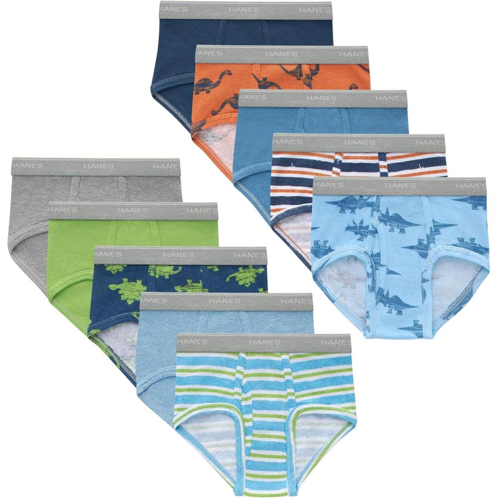 imageHanes Boys Brief Underwear Cotton Underwear for Boys No RideUp Briefs 6 and 10 PacksBlue  Orange Dino  Stripes  Green