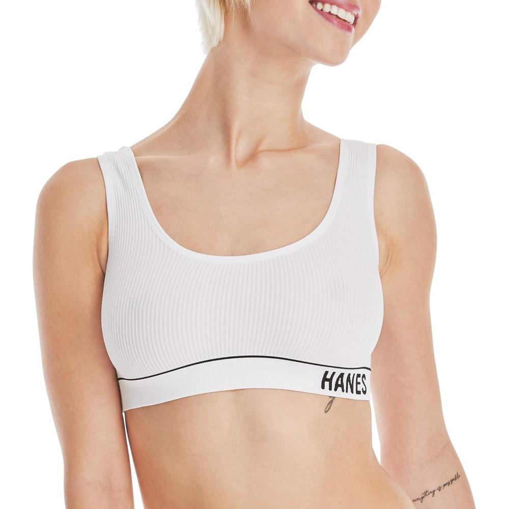 imageHanes Womens Originals Seamless Rib Crop Bralette Wireless Scoop Pullover Bra ComfortFlex FitWhite