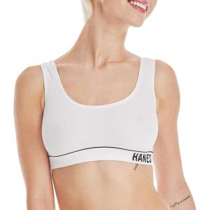Hanes Womens Originals Seamless Rib Crop Bralette, Wireless Scoop Pullover Bra, ComfortFlex Fit(White)