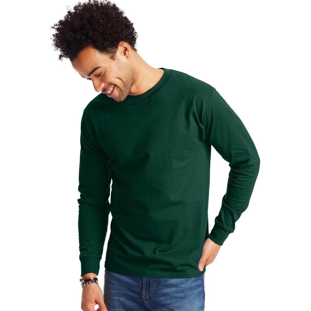 imageHanes Mens Beefy Long Sleeve Shirt 1 or 2 PackDeep Forest  2 Pack