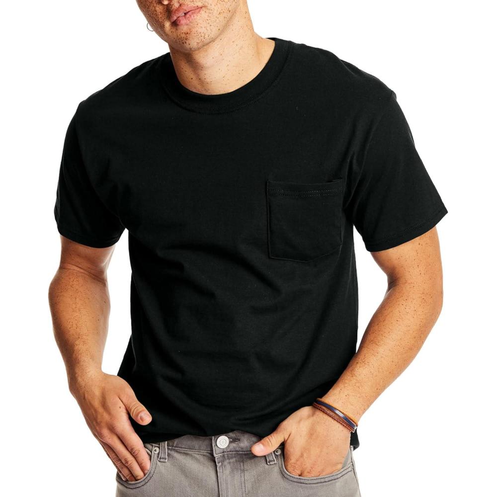 imageHanes Mens Beefyt Pocket Heavyweight Cotton Pocket Tee for Men FullCut TShirt 1 Or 2 PackBlack  1 Pack