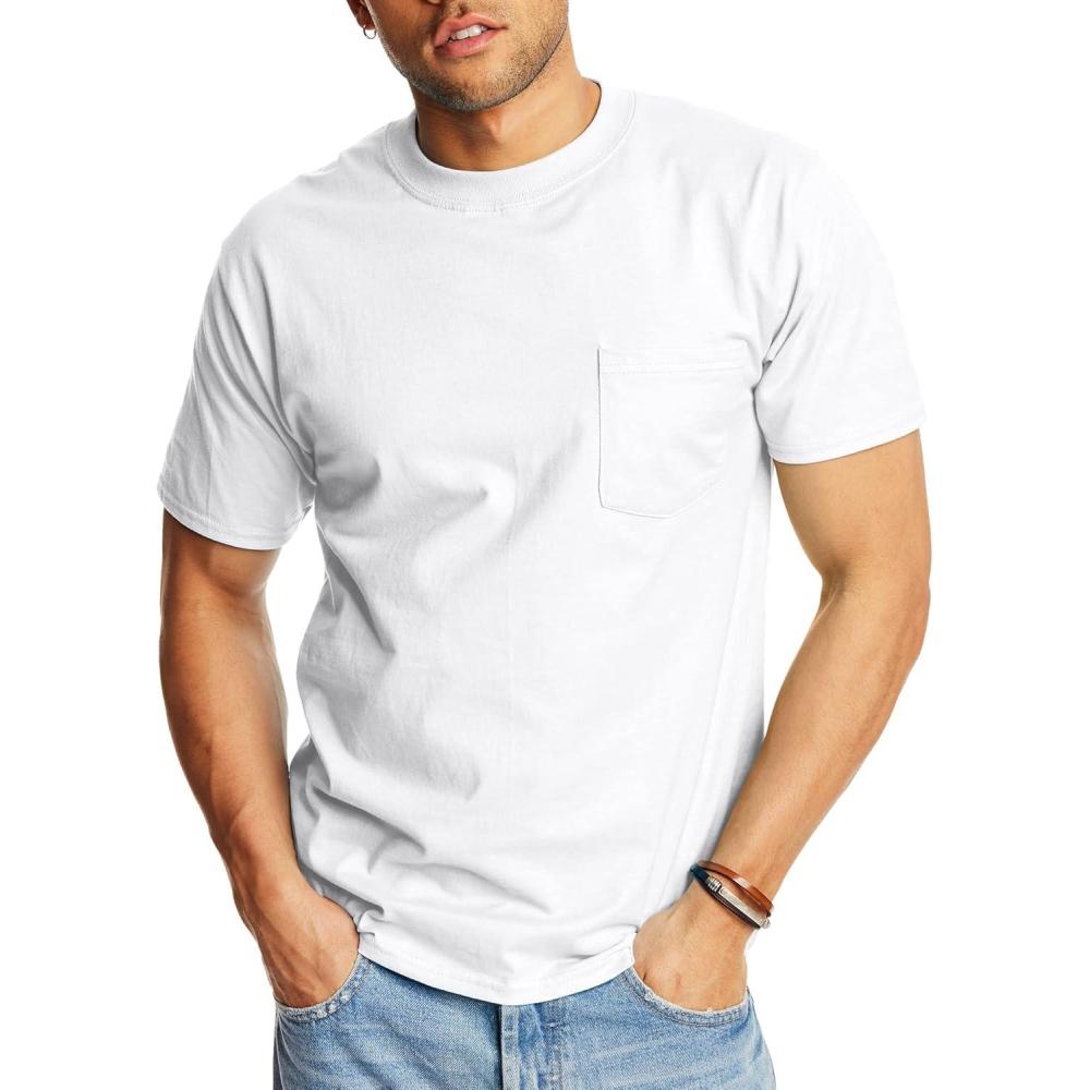 imageHanes Mens Beefyt Pocket Heavyweight Cotton Pocket Tee for Men FullCut TShirt 1 Or 2 PackWhite  1 Pack
