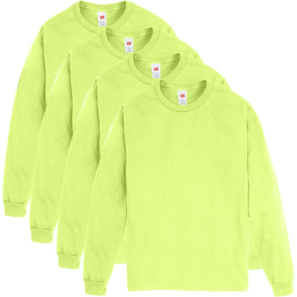 imageHanes Mens Essentials LongSleeve TShirt Crewneck Cotton TShirts for Men 2PackSafety Green  4 Pack