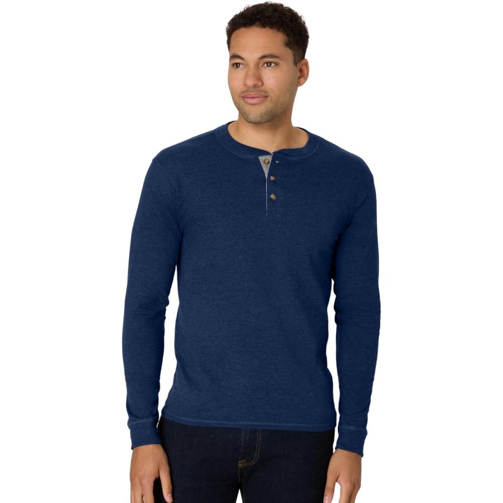 imageHanes Mens TShirts Mens Beefyt Henley Shirts Mens Cotton Long Sleeve ShirtsNavy Heather