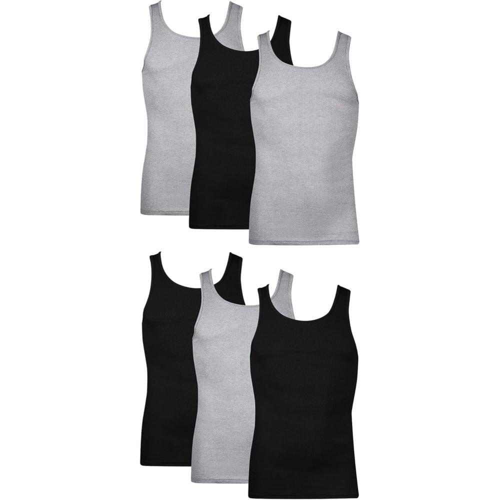 imageHanes Mens Tank Undershirt Pack Cotton Tank Undershirt MoistureWicking Breathable White or GreyBlack MultiPackBlackGrey  6 Pack