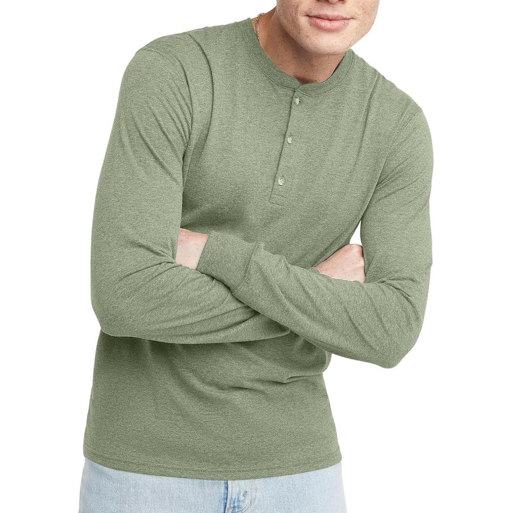 imageHanes Originals Mens TriBlend Long Sleeve Henley TShirt Lightweight Long Sleeve TeeEquilibrium Green Pe Heather