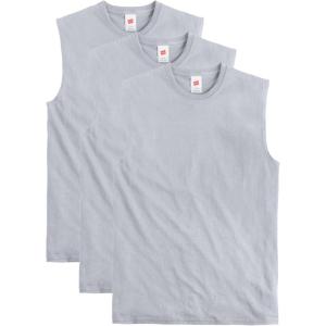 Hanes Mens Essentials Midweight Muscle T-Shirt Pack, Cotton Muscle Tank Shirts, 3-Pack(Light Steel)