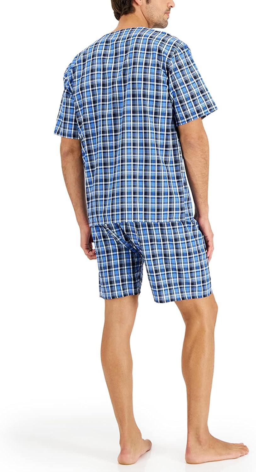 imageHanes Mens Pajamas Set Button Down Sleepwear 2 Piece Short Sleeve Pjs Pijama de Dos Piezas para HombreBlue Plaid