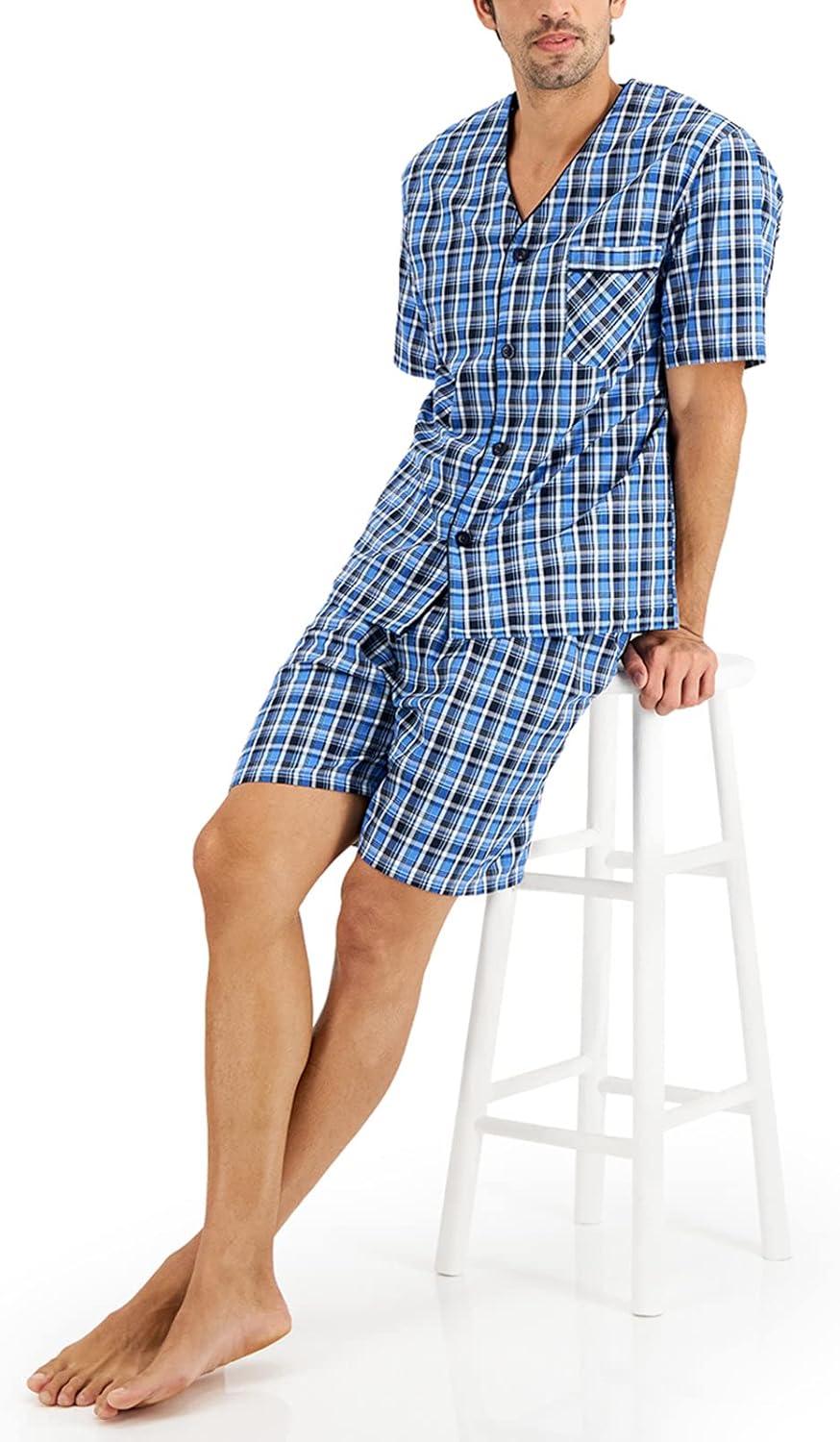 imageHanes Mens Pajamas Set Button Down Sleepwear 2 Piece Short Sleeve Pjs Pijama de Dos Piezas para HombreBlue Plaid