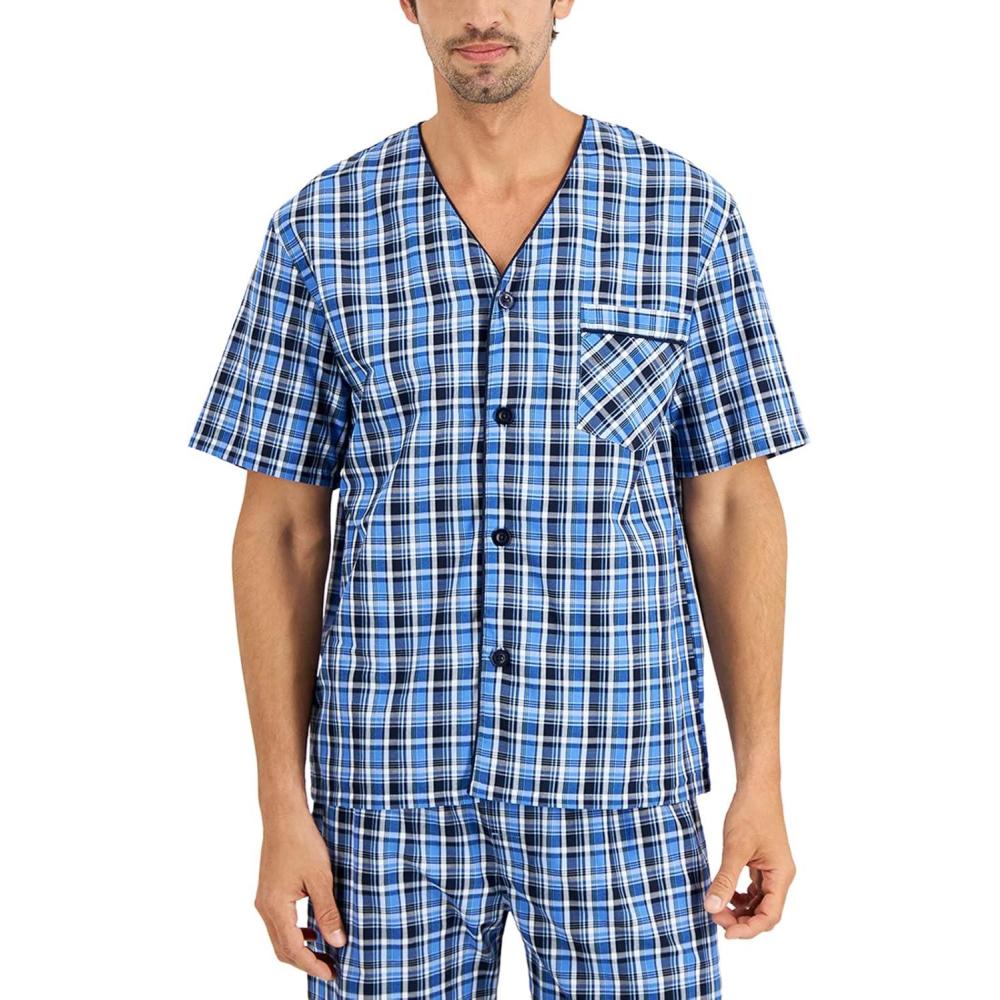 imageHanes Mens Pajamas Set Button Down Sleepwear 2 Piece Short Sleeve Pjs Pijama de Dos Piezas para HombreBlue Plaid