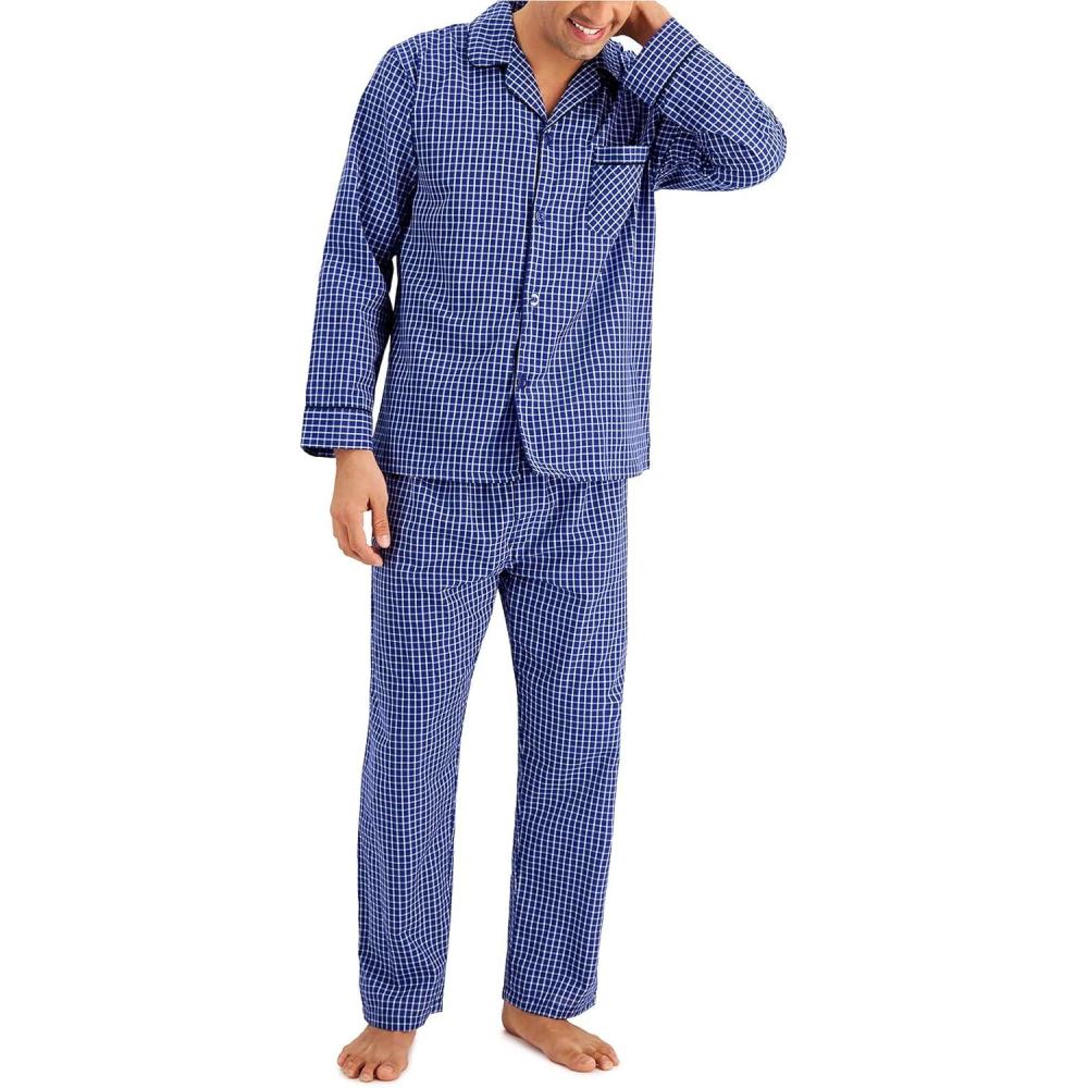 imageHanes Mens Woven PlainWeave Pajama SetBlue Checkered
